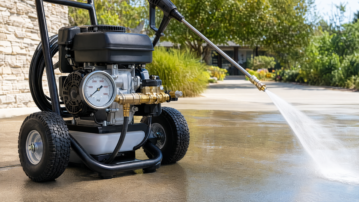 Pressure washer machine with a visible PSI gauge cleaning a concrete driveway