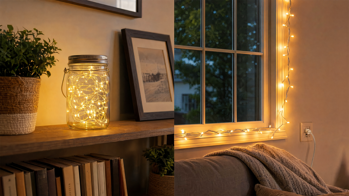 Battery-operated fairy lights in a decorative glass jar next to plug-in fairy lights draped around a window frame