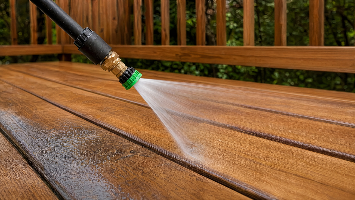 Pressure washer fan-tip nozzle spraying evenly along a wood deck at a shallow angle without gouging