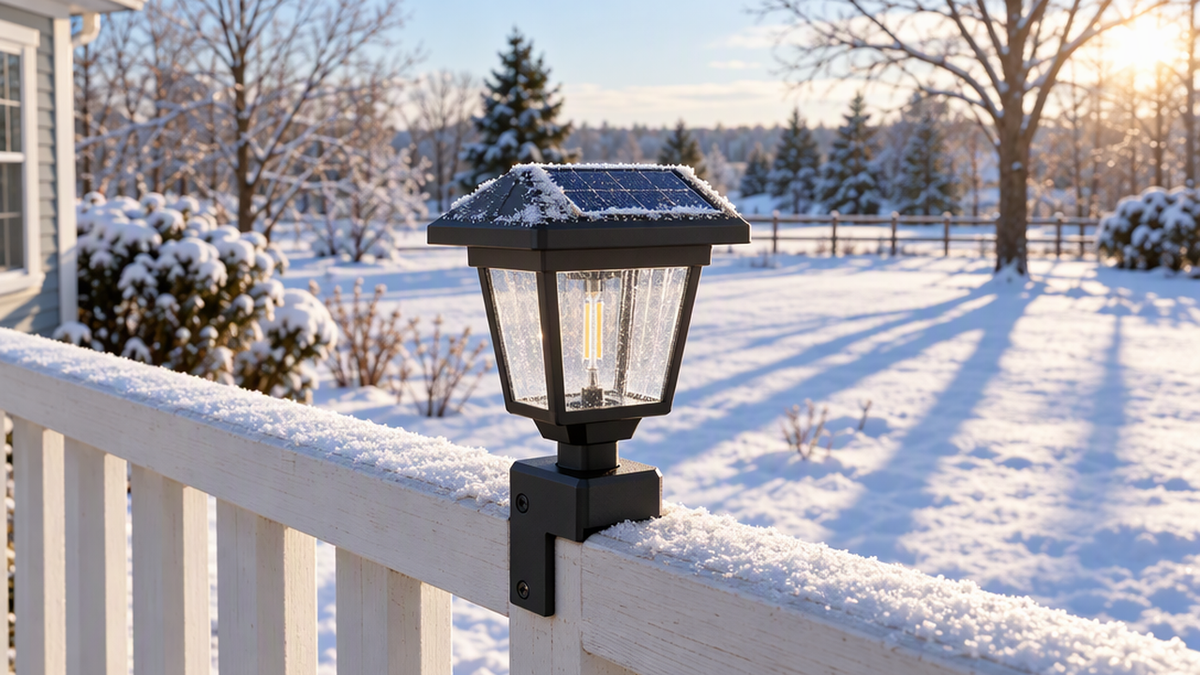 Solar garden light mounted on a porch railing in winter daytime with light snow on the solar panel