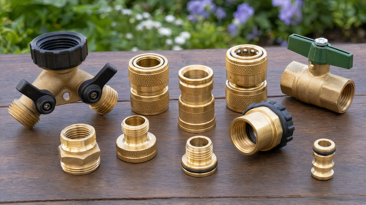 Assorted garden hose fittings including GHT threaded connectors, quick connects, a splitter, and a shut-off valve