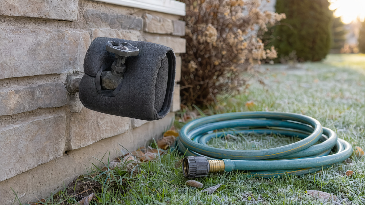 Outdoor garden faucet fitted with a foam insulated cover next to a disconnected coiled garden hose on frosty grass