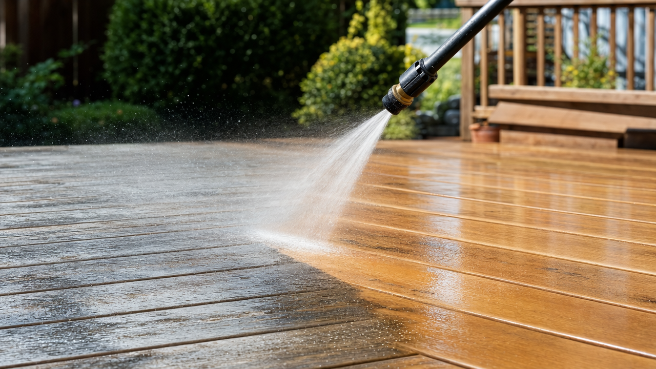 Pressure washer spraying a wooden deck, removing gray grime and revealing clean warm-toned wood