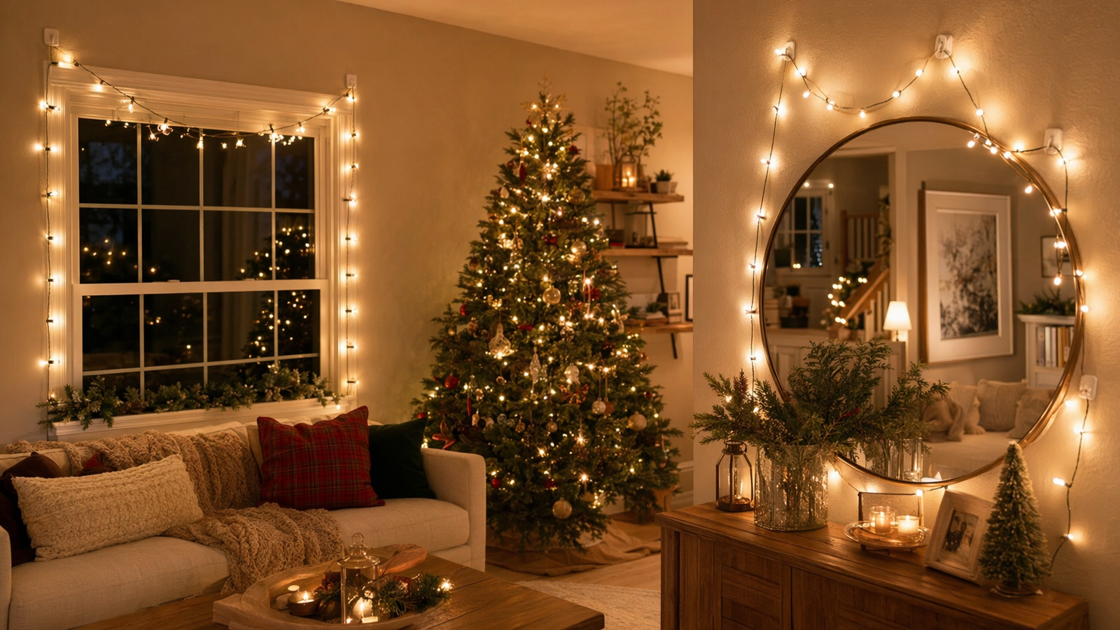 Christmas string lights hung without nails