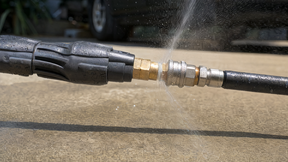 Pressure washer quick-connect fitting spraying a fine mist of water at the joint