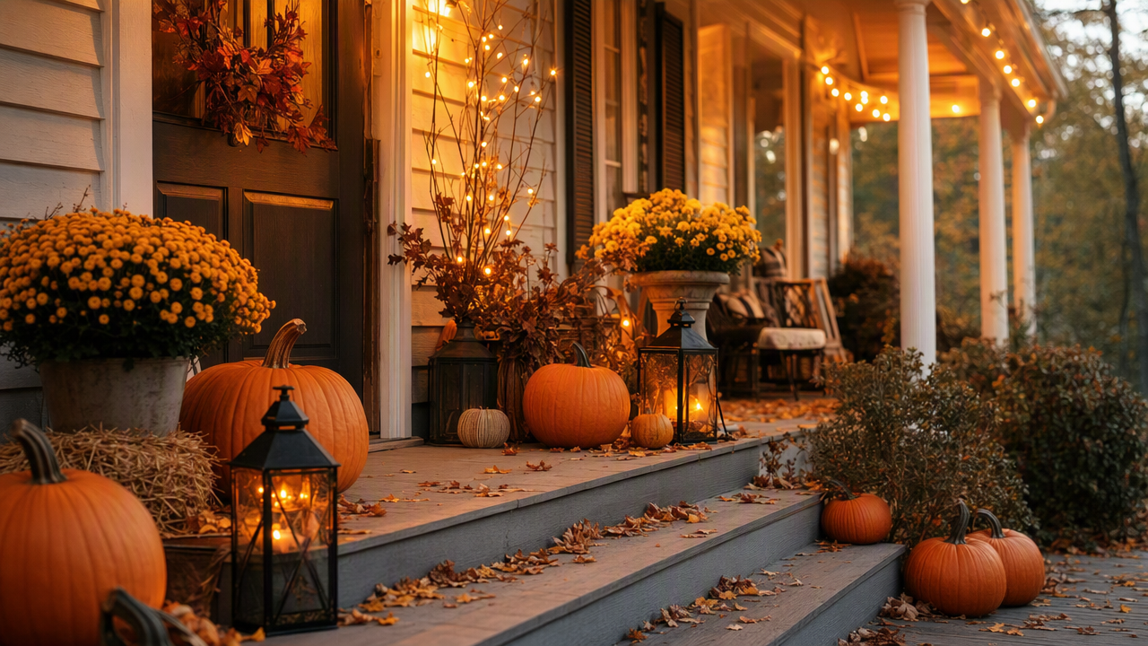 Cozy fall front porch at dusk decorated with pumpkins, warm string lights, and autumn leaves