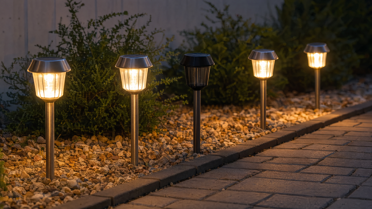 Row of solar garden pathway lights with one light completely dark next to the others glowing normally