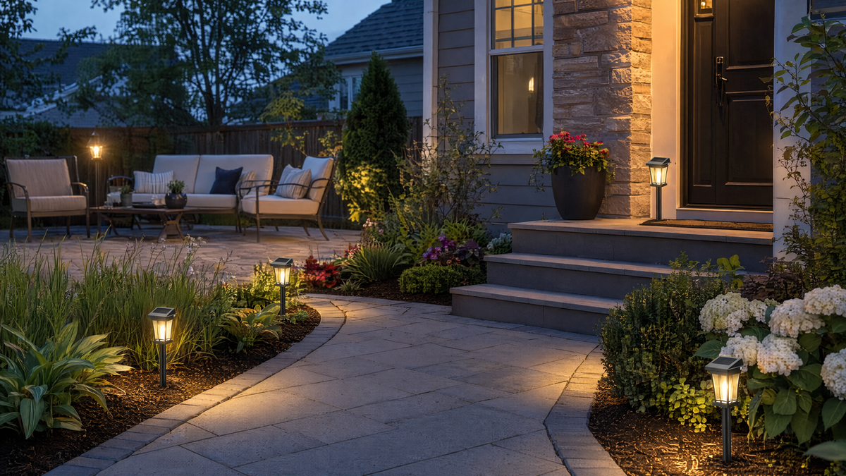Front yard showing solar lights placed along a path, in a flower bed, near a patio, and by the entryway steps