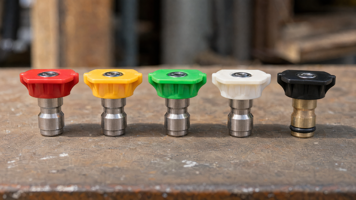 Five different colored pressure washer nozzle tips in red, yellow, green, white, and black arranged in a row