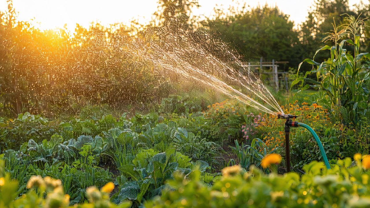 Garden sprinkler watering a lush vegetable garden and flower beds in late-summer evening sunlight