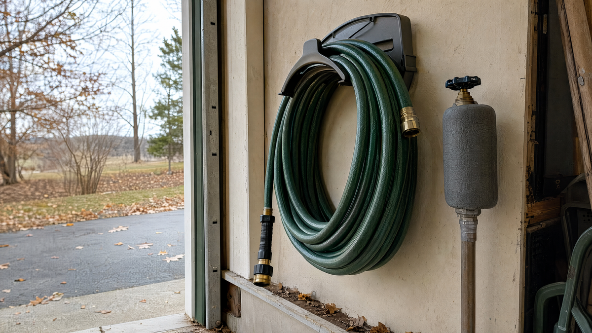 Garden hose coiled on a wall-mounted hanger in a garage next to an outdoor faucet fitted with an insulated foam cover