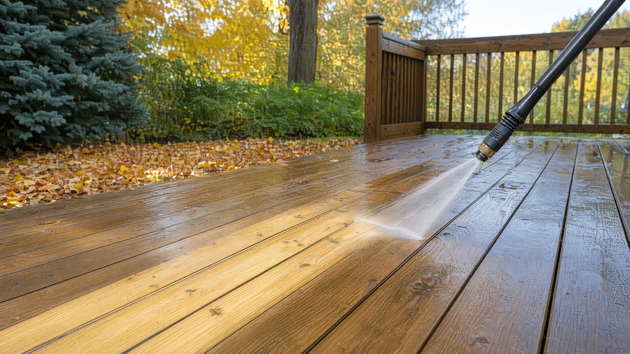 Wooden deck being pressure washed in early fall, ready for staining
