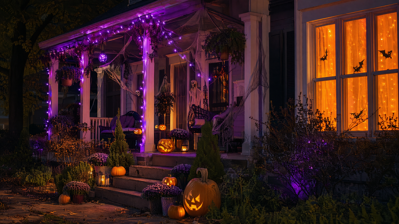 House porch at night decorated for Halloween with purple fairy lights and glowing orange window curtain lights