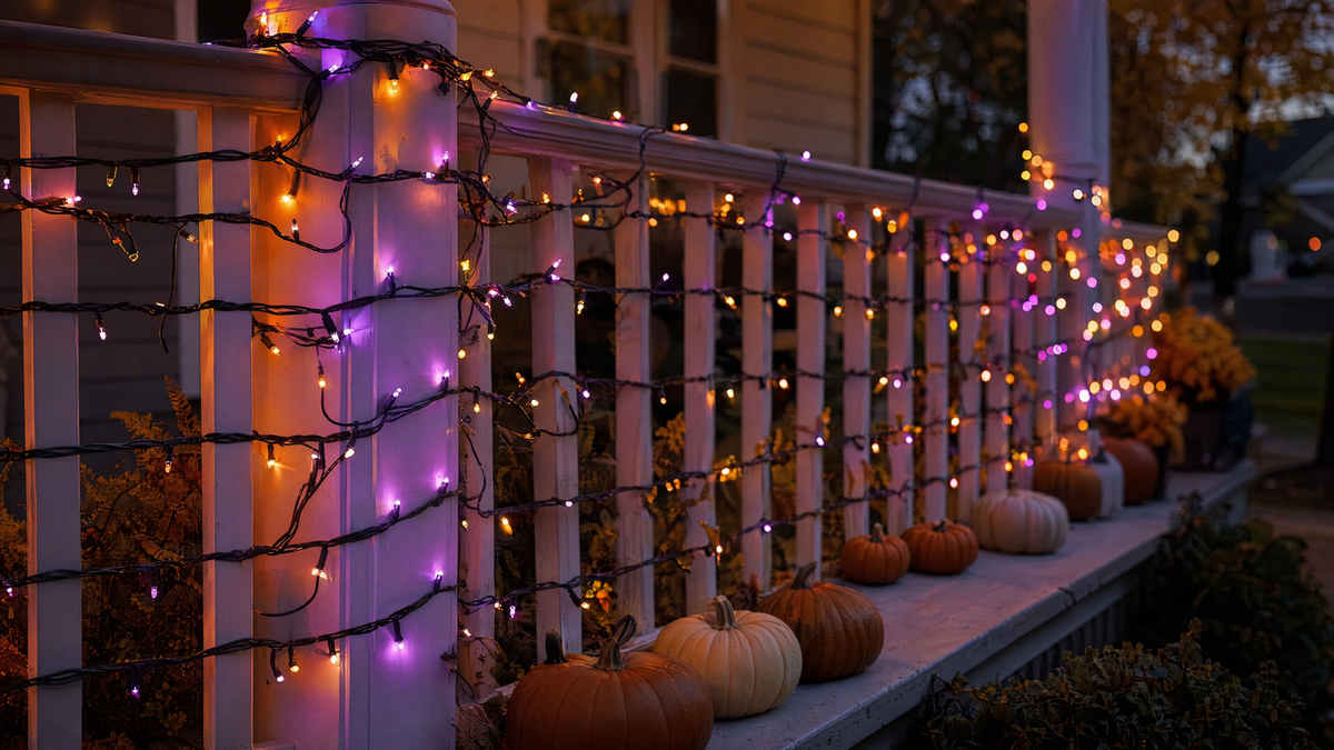Porch railing wrapped with purple, orange, and warm white string lights with pumpkins for Halloween