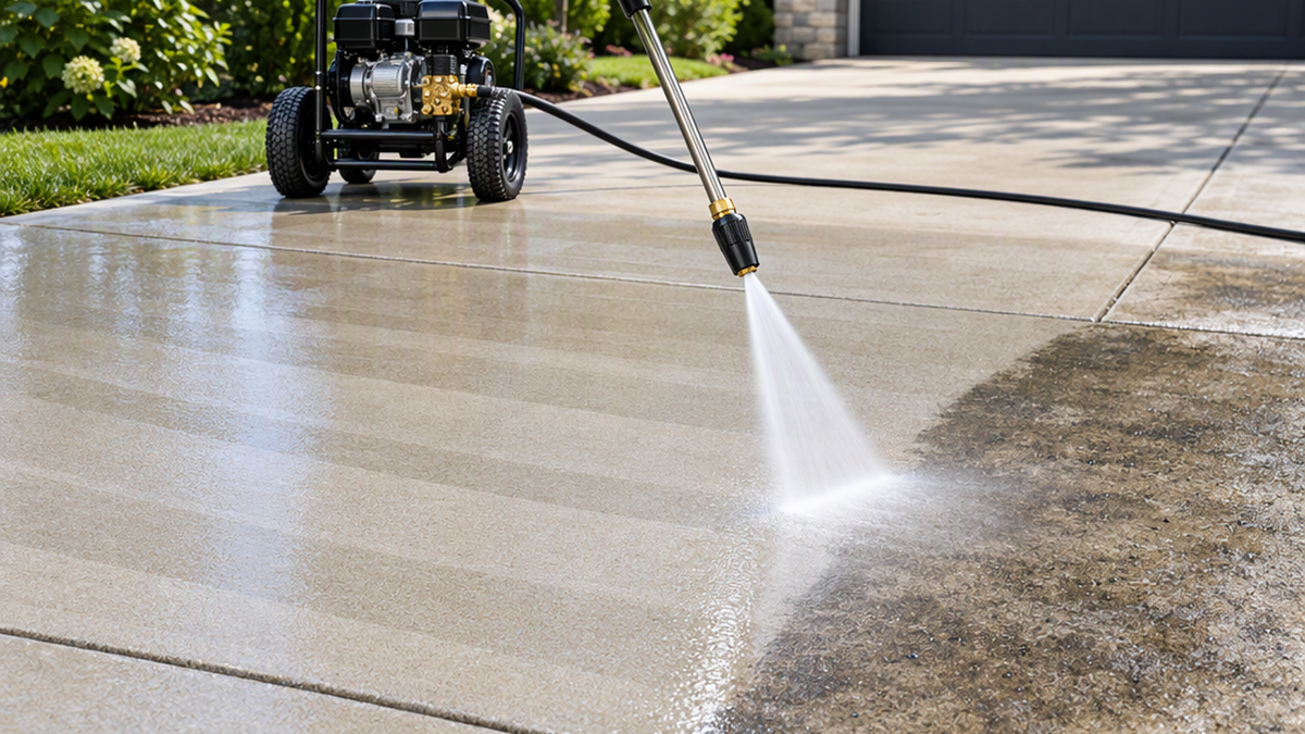 Pressure washer cleaning a concrete driveway with even overlapping spray pass lines next to a small uncleaned dirty patch