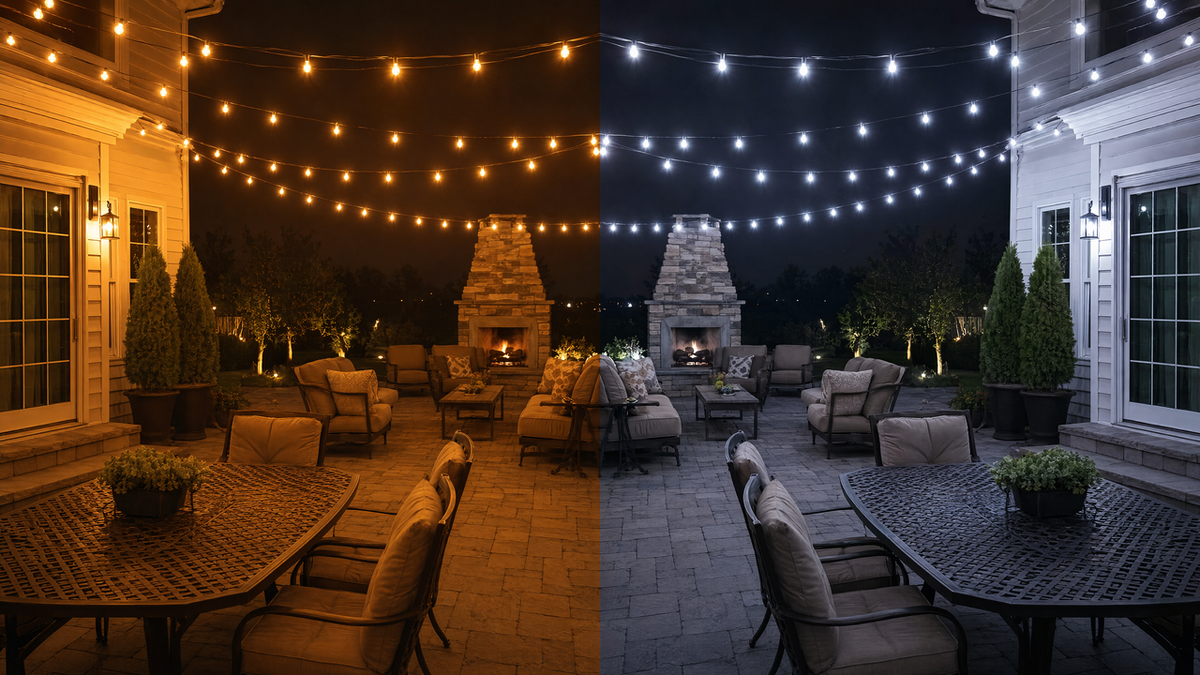 Patio split between warm white string lights on one side and cool white string lights on the other for color temperature comparison