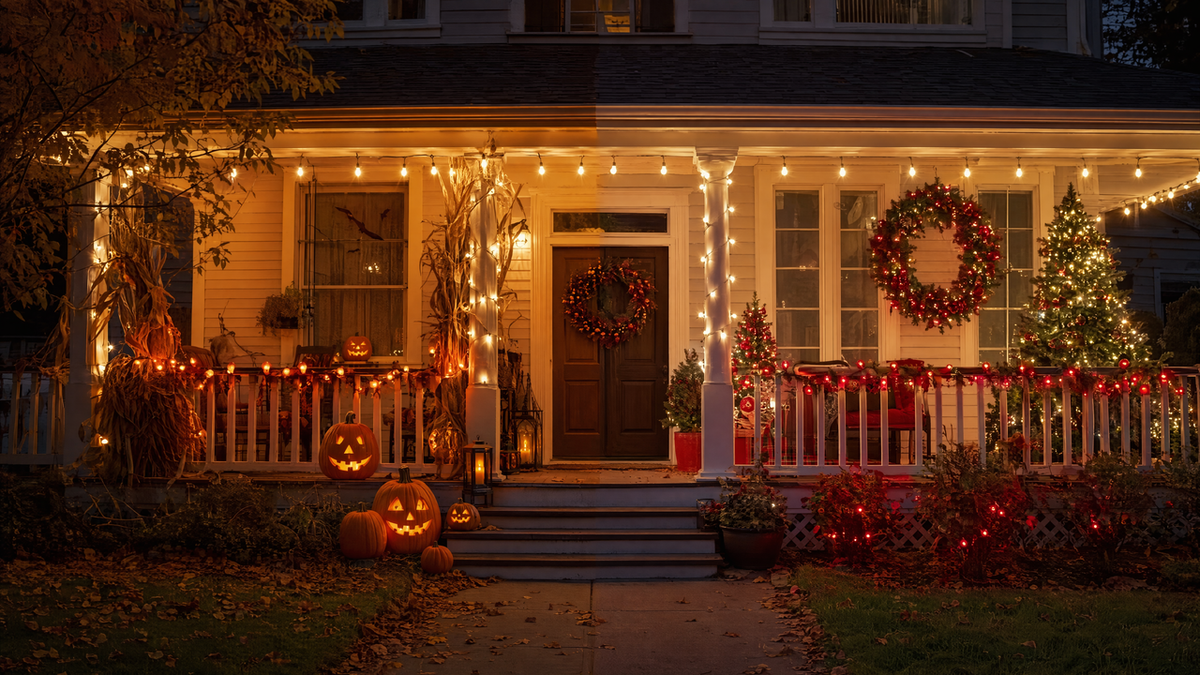 Porch split between Halloween pumpkin and orange light accents on one side and Christmas wreath and red light accents on the other, using the same base string lights