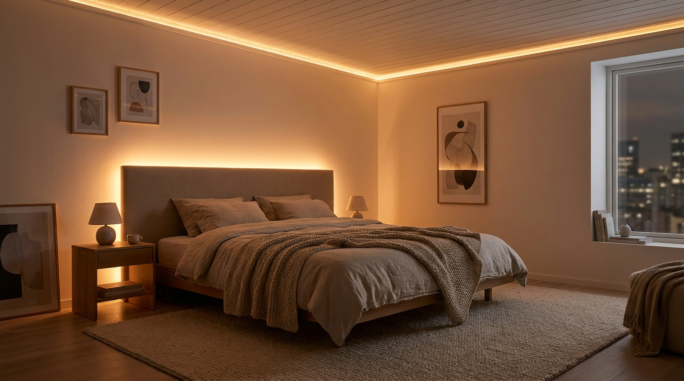 Cozy bedroom with warm LED strip lights