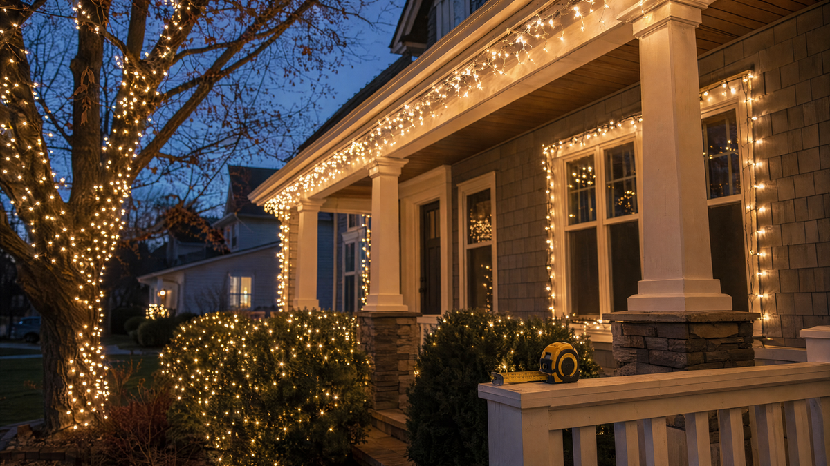 House decorated with Christmas lights on a tree, porch roofline, windows, and shrubs with a tape measure on the porch railing
