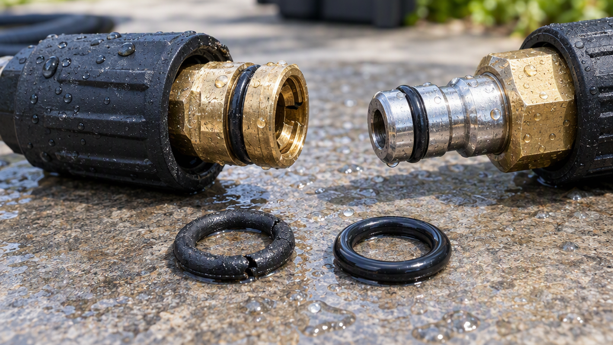 Disassembled pressure washer quick-connect coupler showing a worn O-ring beside a fresh replacement O-ring