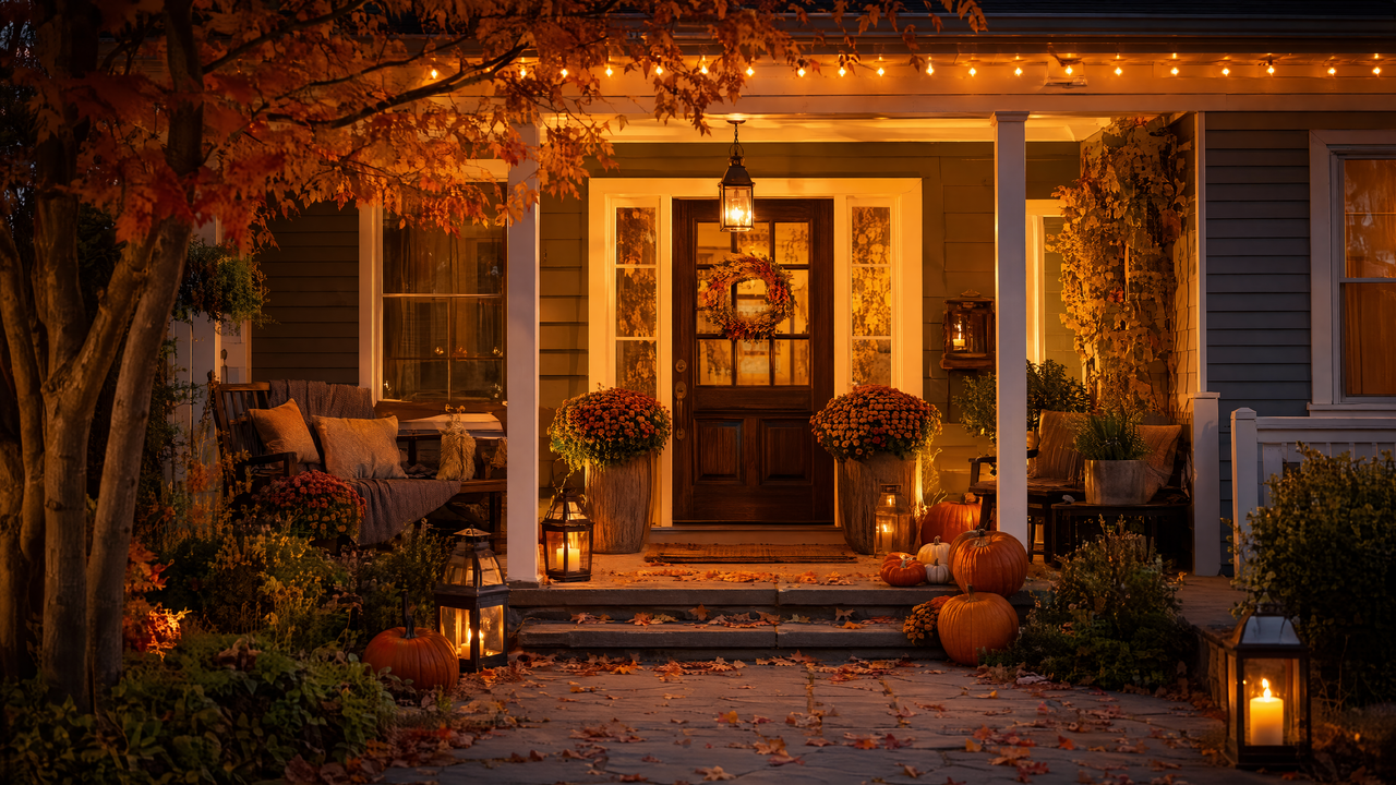 Cozy fall front porch at dusk decorated with warm lights, pumpkins, and mums
