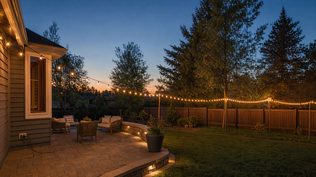 Long continuous run of warm white string lights connected end to end across a backyard patio and fence, plugged into an outlet