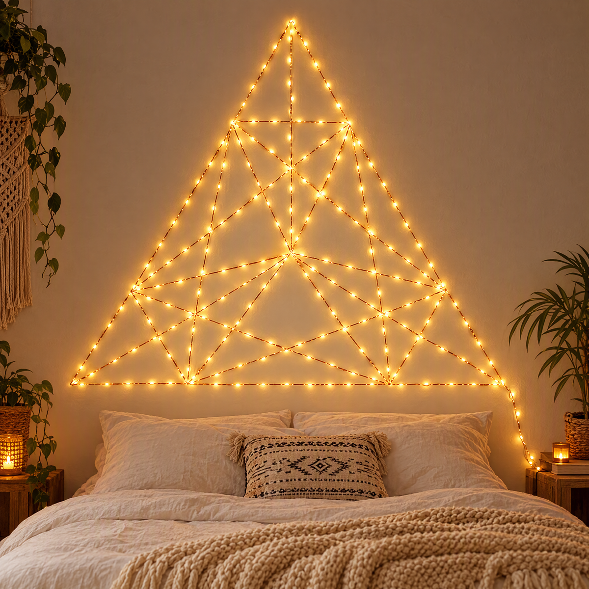Twinkle Star string lights shaped in a triangle pattern above a bohemian bedroom bed
