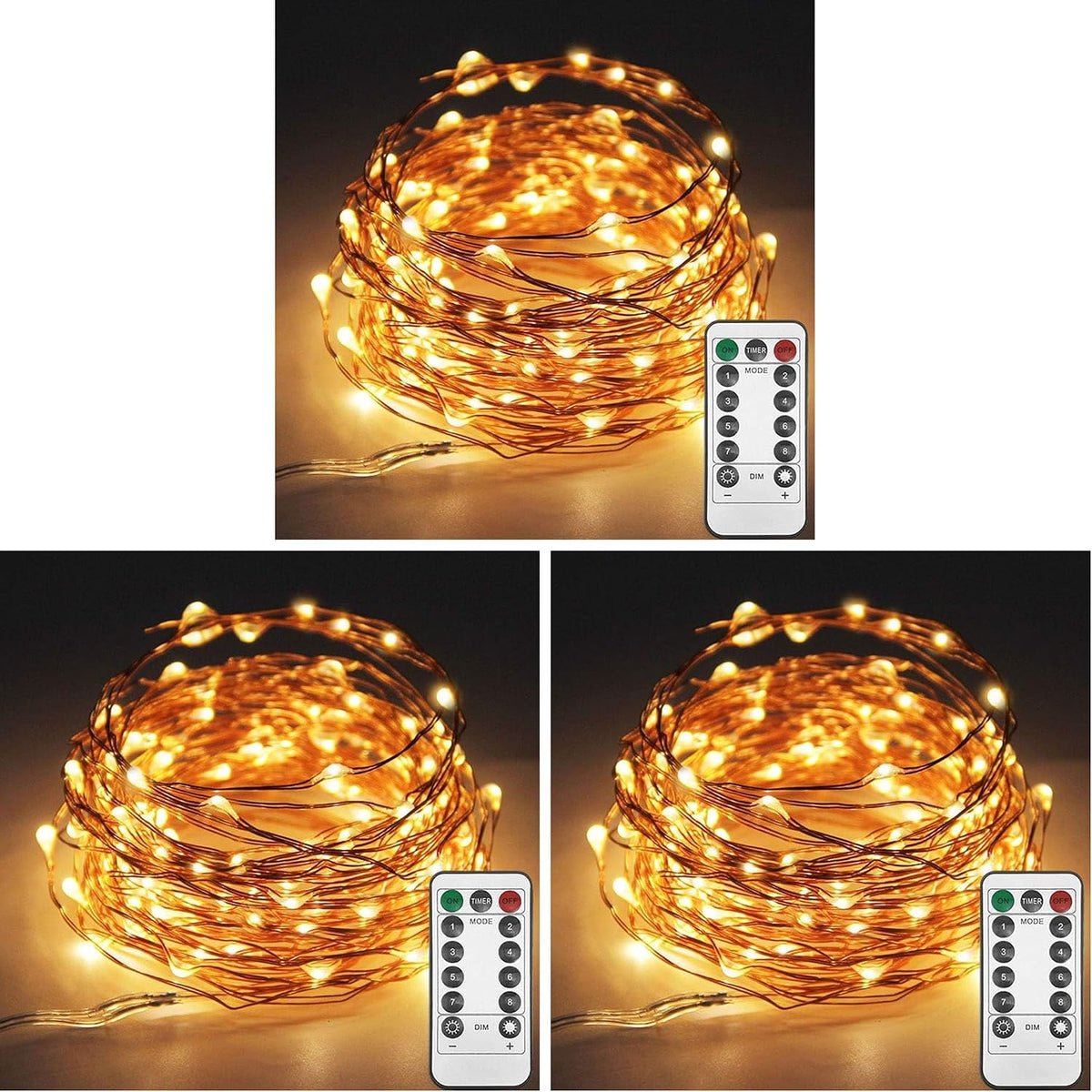 Twinkle Star 100 LED 33ft Copper String Lights, Warm White, Pack of 3