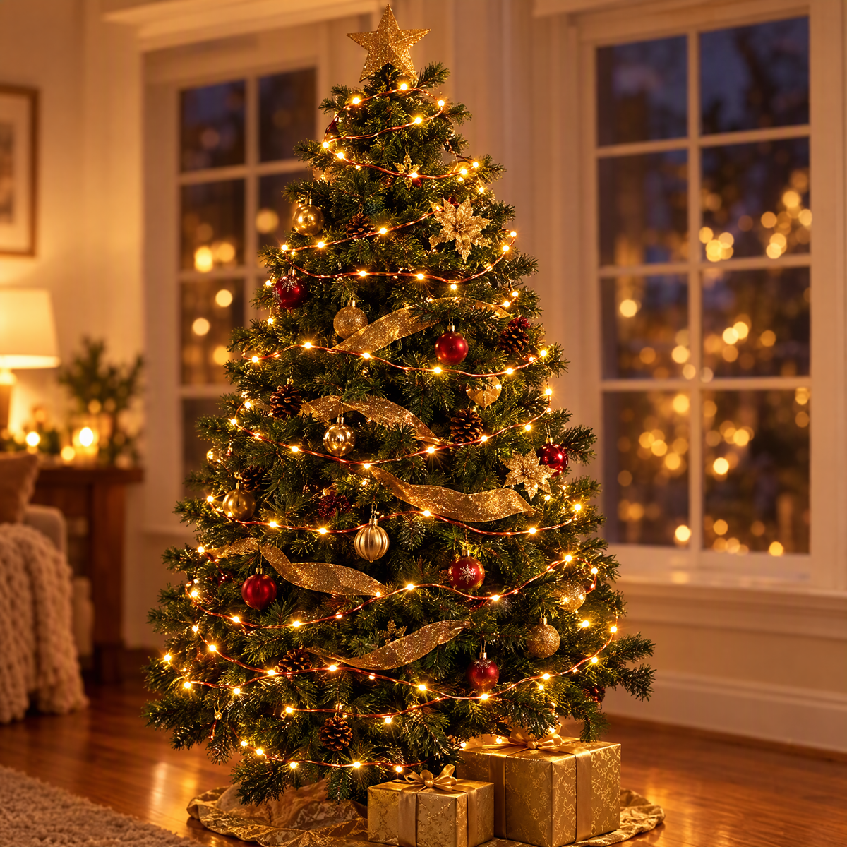 Twinkle Star warm white string lights wrapped on a decorated Christmas tree