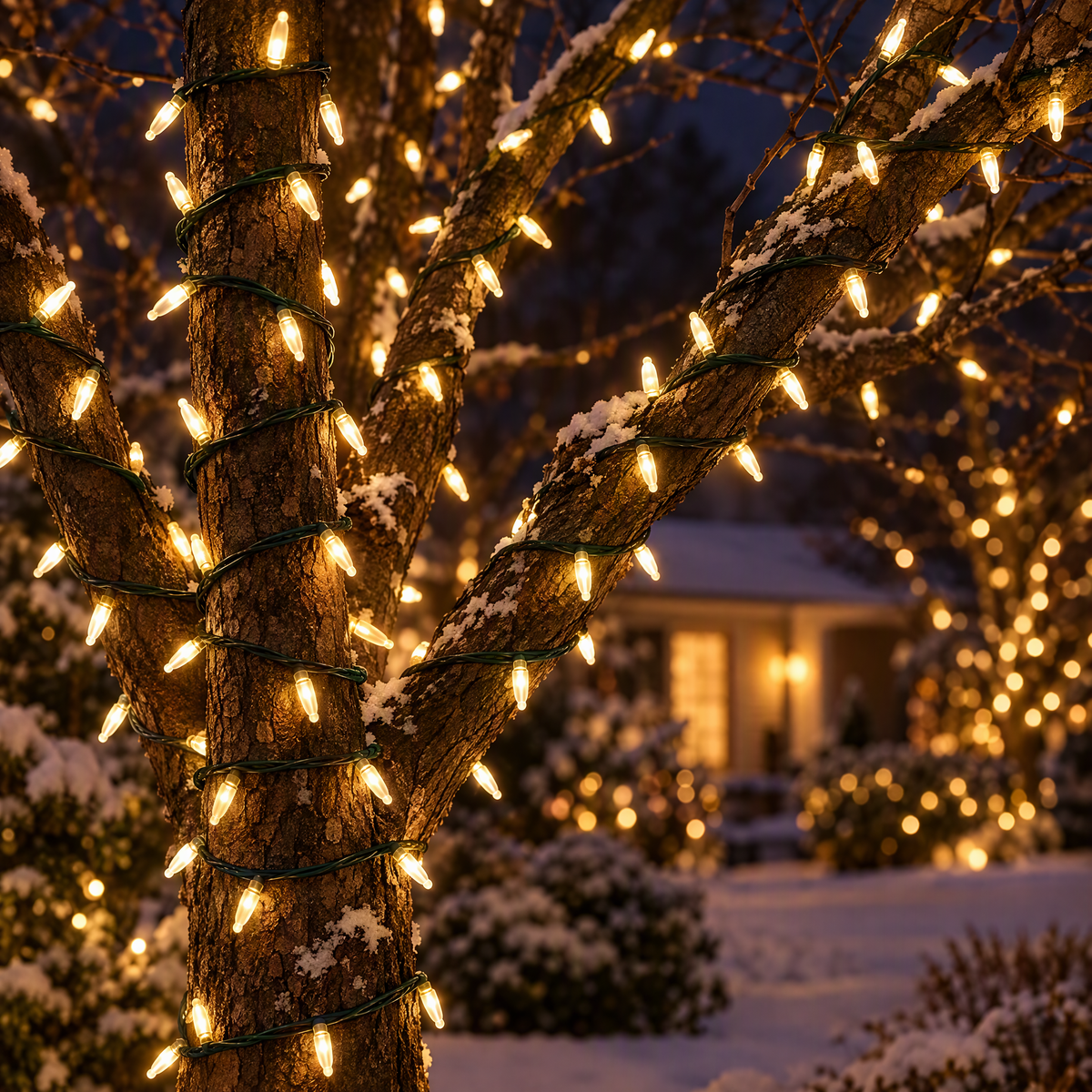 Warm-white string lights wrapped around outdoor trees at night
