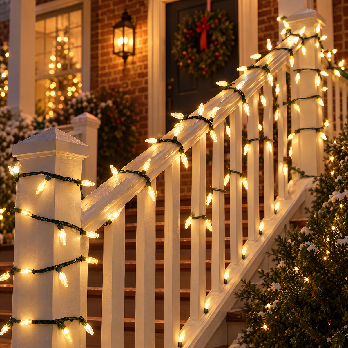 Warm-white string lights wrapped on an outdoor porch staircase at night
