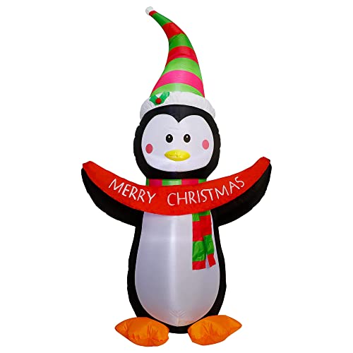 Twinkle Star 7 FT Christmas Inflatable Decorations, Lighted Blow Up Penguin Hold Merry Christmas Sign with Built in LED Lights, Indoor / Outdoor Xmas Holiday Decor, Light Up Lawn Yard Garden - Twinkle Star