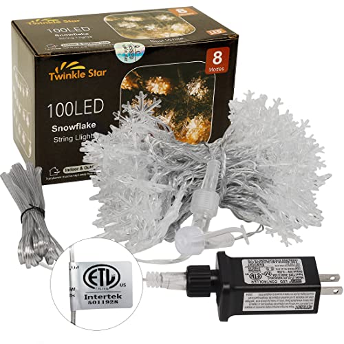 Twinkle Star 100 LED Christmas Snowflake String Lights, 49 FT Plug in Fairy Light Waterproof, Extendable for Indoor Outdoor Holiday Wedding Party, Xmas Tree, New Year, Garden Decorations (Whi - Twinkle Star