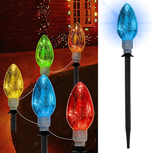 Twinkle Star Christmas Pathway Lights, C9 Lights, 5 Pack Large Multicolored Bulbs with Pathway Marker Stakes, Connectable Incandescent Decorative Lights for Holiday Patio Garden Christmas Dec - Twinkle Star