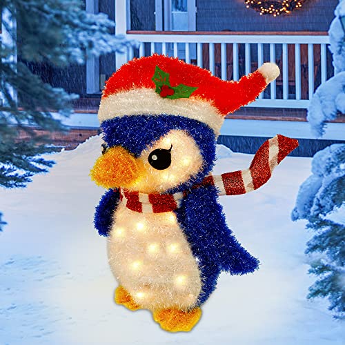 Set Of 2 Lighted Christmas Tinsel Penguins, Pre-Lit 2D Stacked Penguin