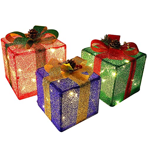 Twinkle Star Set of 3 Christmas Lighted Pop Up Gift Boxes Decorations, Tinsel Present Box, Pre-lit 60 LED Light Up Tree Skirt Ornament, Indoor Outdoor Red Green & Blue for Holiday Party Xmas - Twinkle Star
