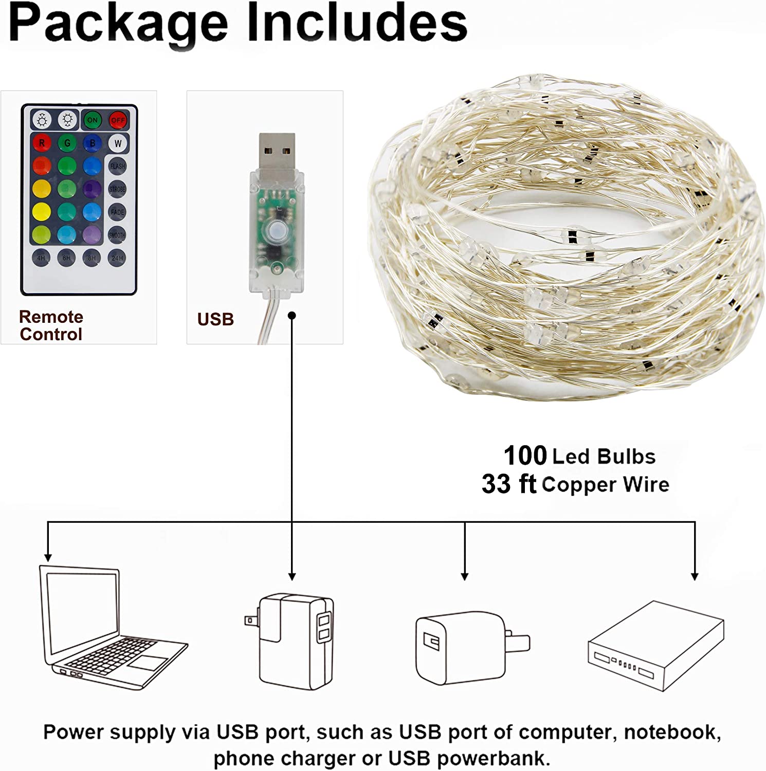 Twinkle Star USB Fairy String Lights, 33Ft 100 LED Waterproof 16 Colors Changing Sliver Wire Lights with 4 Lighting Modes Remote Control for Craft Bedroom Ceiling Halloween Christmas Decorati - Twinkle Star