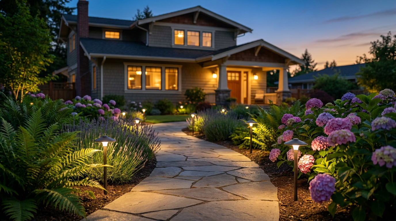 Garden pathway with LED path lights at dusk