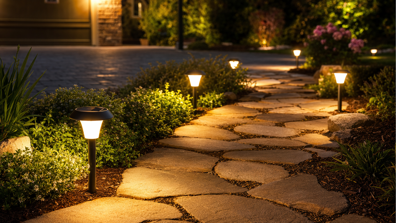 Solar pathway lights lining a stone garden path at night with warm golden glow