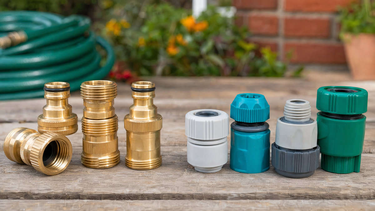Brass garden hose fittings compared side by side with plastic fittings on a wooden table