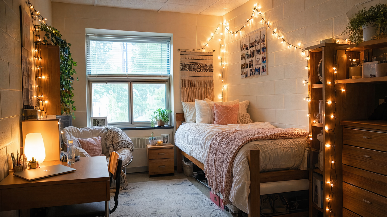 Cozy college dorm room with cinder block walls decorated with warm white fairy lights