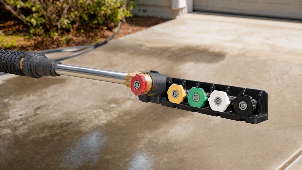 Pressure washer spray wand with a quick-connect holder rack showing five different colored nozzle tips