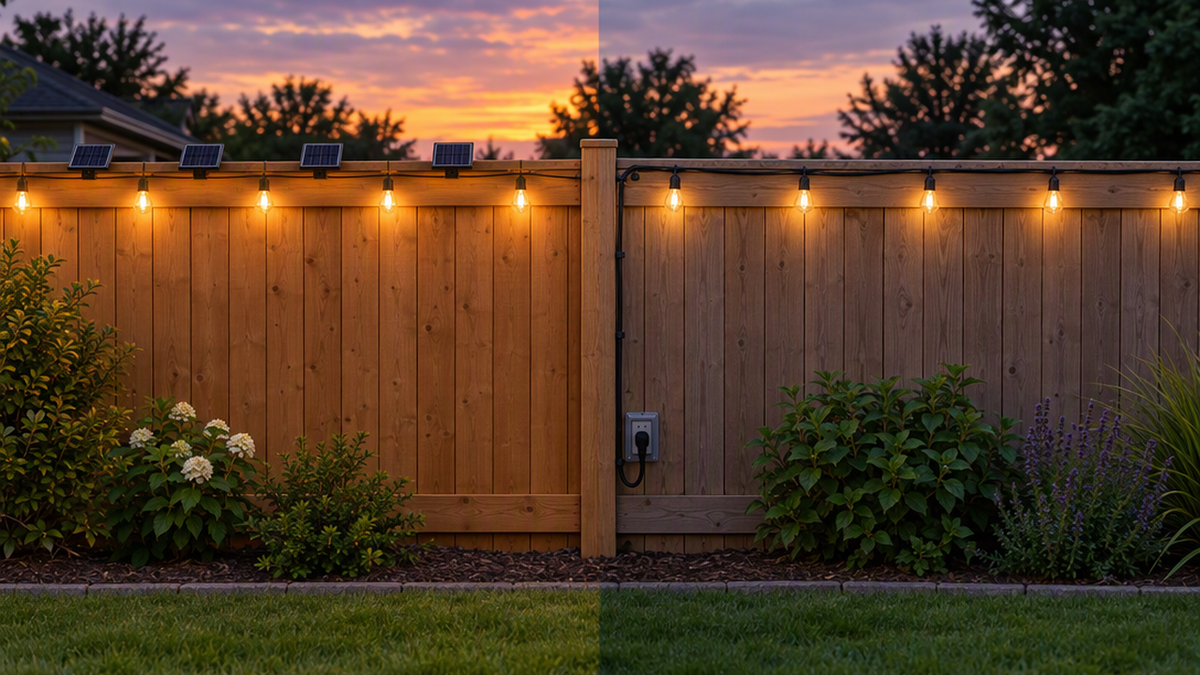 Backyard fence split between solar-powered string lights with visible panels and plug-in string lights with a cord to an outlet