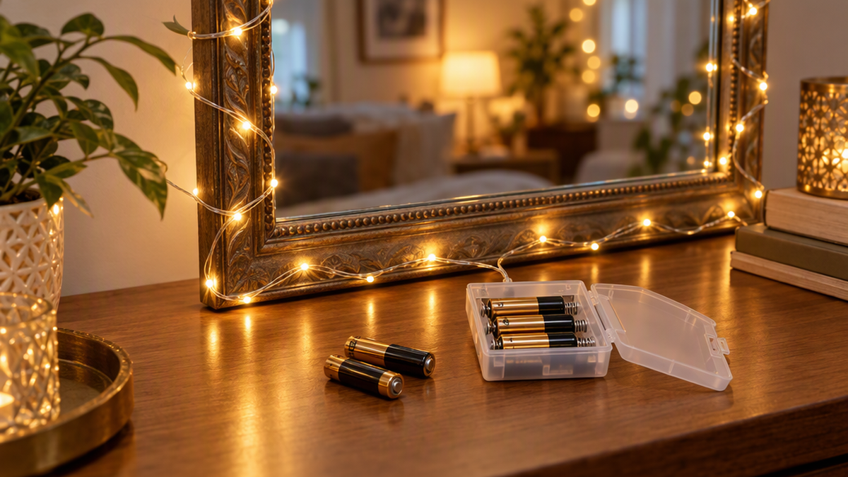 Battery-operated fairy lights wrapped around a mirror frame with the battery pack open showing fresh batteries