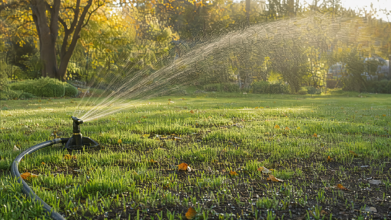 Garden hose sprinkler watering freshly seeded green grass patches on a lawn in early fall
