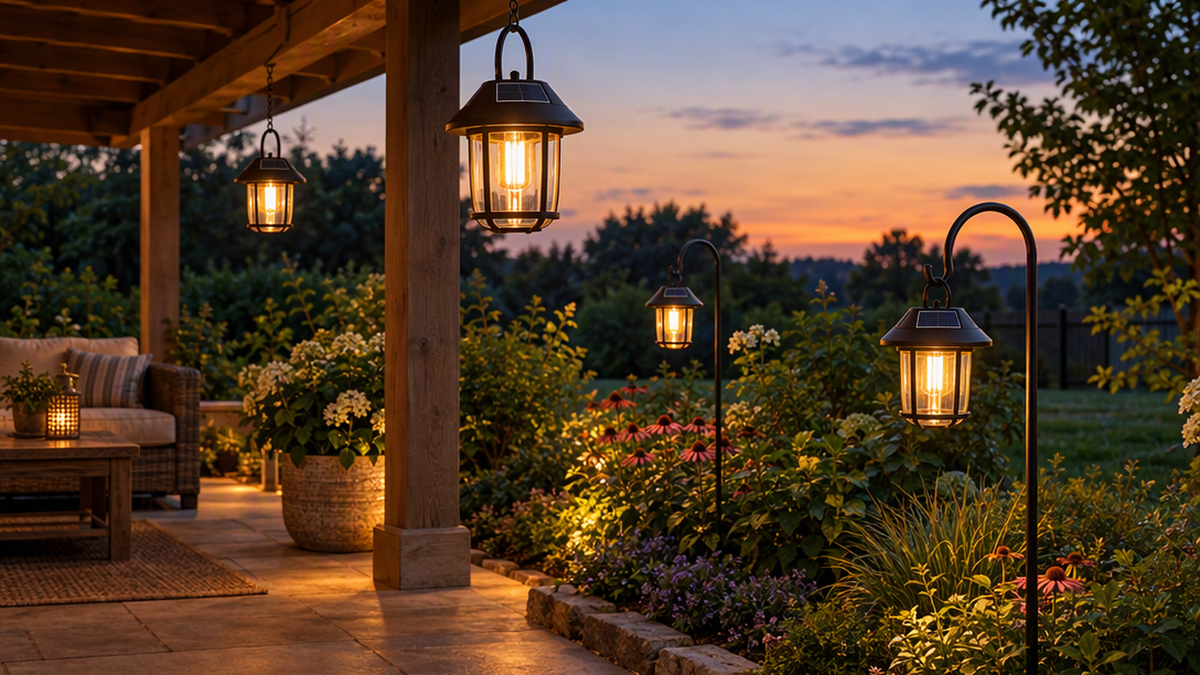 Solar lanterns hanging from porch beams and garden shepherd hooks at dusk