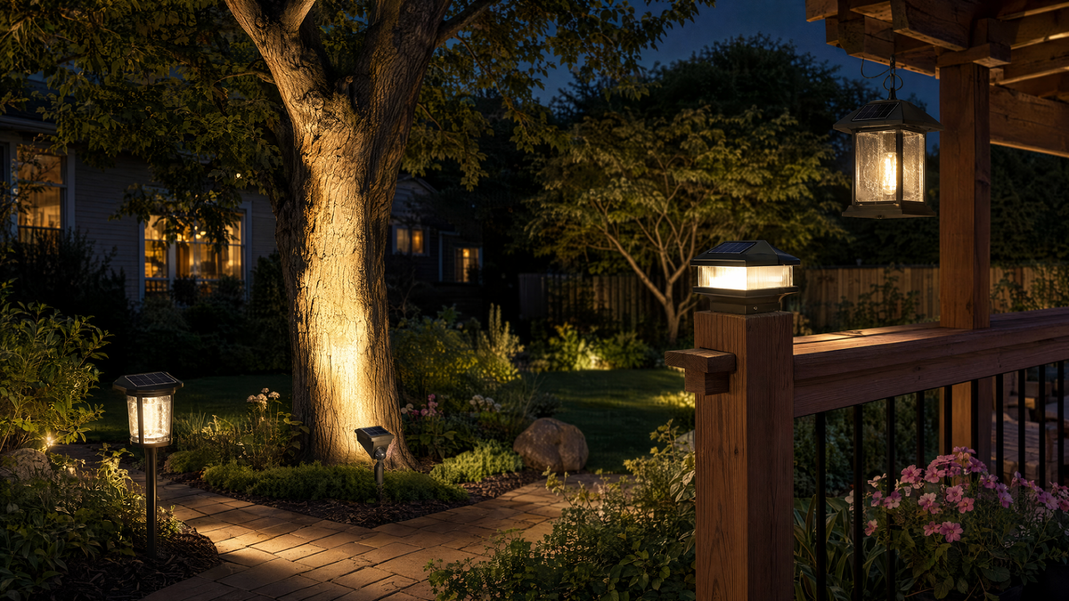 Four solar landscape light fixtures at different brightness levels: a pathway light, a deck post light, a tree spotlight, and a hanging lantern