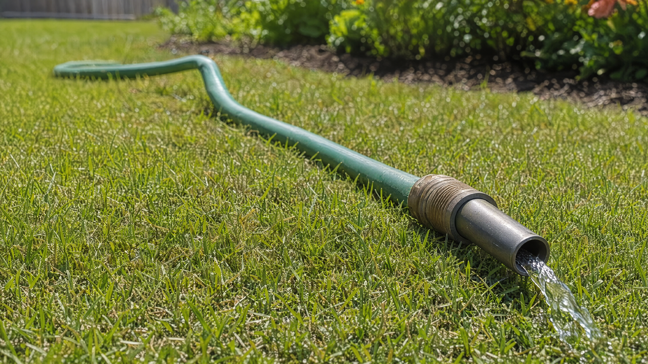 Garden hose nozzle producing a weak thin trickle of water with a visible kink in the hose