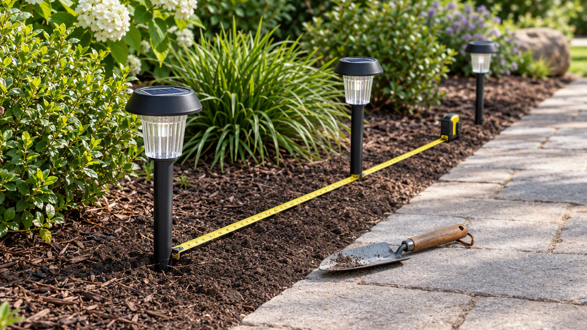 Solar pathway lights being installed along a garden walkway with a measuring tape showing even spacing