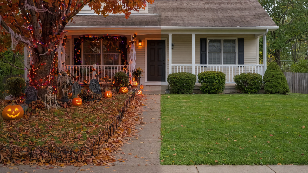 Front yard split between one side already decorated for Halloween and the other side still plain and undecorated